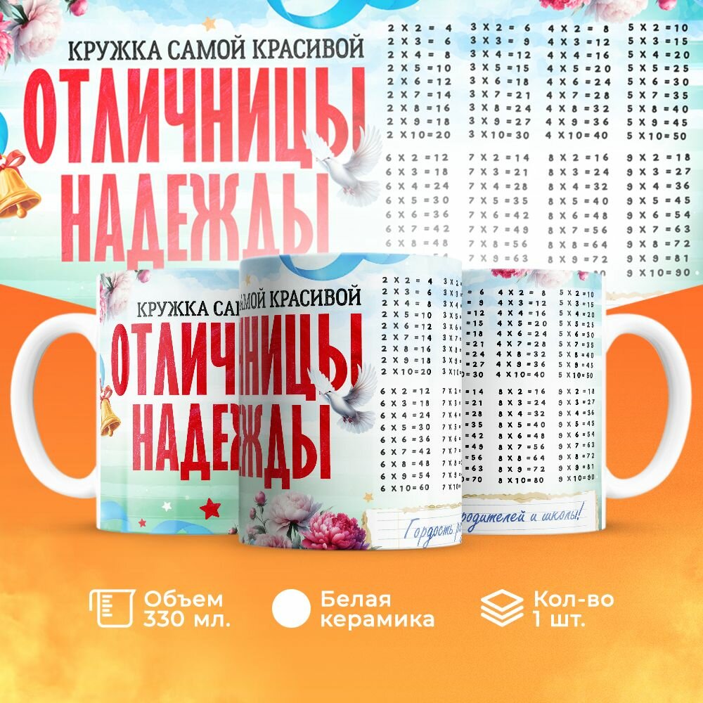 Кружка, "Самой красивой отличницы Надежды", на день рождения дочки, в подарок для девочки, внучки с таблицей умножения 330 мл