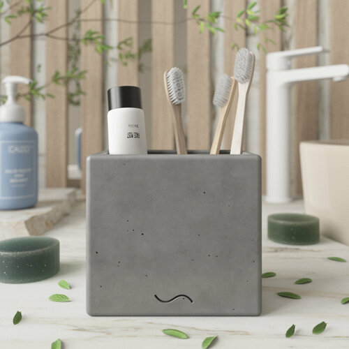 Стакан для зубных щёток, стакан для ванной Emily Duo 12х8х11, бетон, глянцевый серый