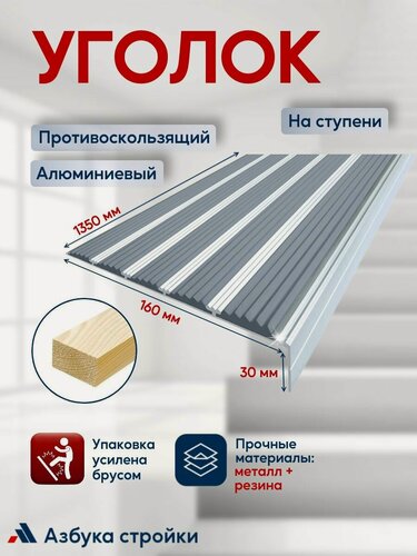 Изображение товара Противоскользящий алюминиевый угол-порог на ступени с пятью вставками 160мм, 1.35м, серый