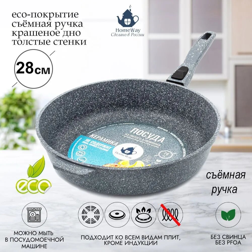 Сковорода литая 28 см, серия керамика, с антипригарным покрытием, съемная ручка, HomeWay