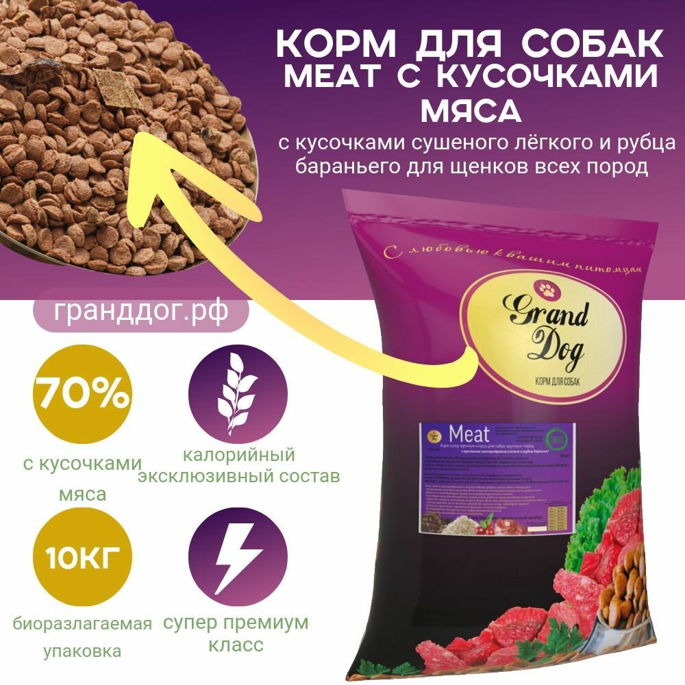 Meat с кусочками бараньих мясопродуктов (легкое и рубец) для щенков всех пород 10кг