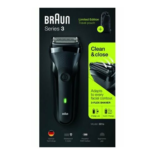 Braun series 3 301s, моющаяся бритва с защитным кожухом, 3 головки, синяя