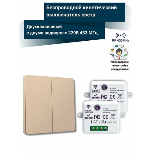 Беспроводной кинетический выключатель света NETGIM 2 клавиши два реле 220В 10А 433МГц Бронза 2350₽
