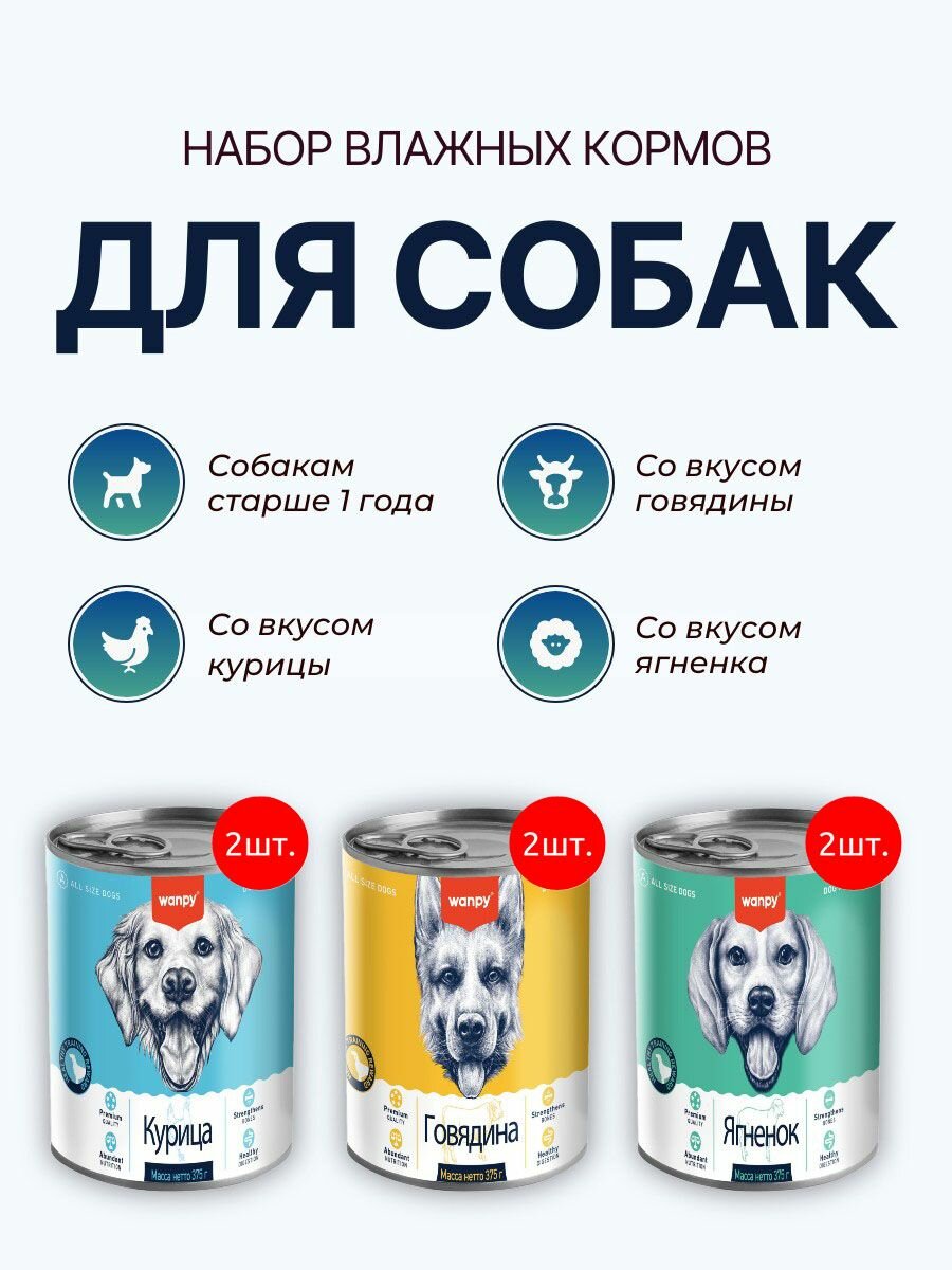 Набор влажного корма Wanpy Dog: 2250 г (6 шт по 375 г). Консервы для собак. Курица 2 шт + Говядина 2 шт + Ягнёнок 2 шт. Ванпи Дог