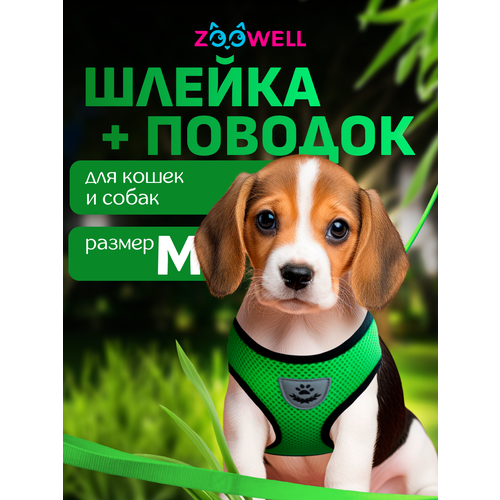 Шлейка с поводком для собак и кошек ZooWell универсальная, размер M зеленая