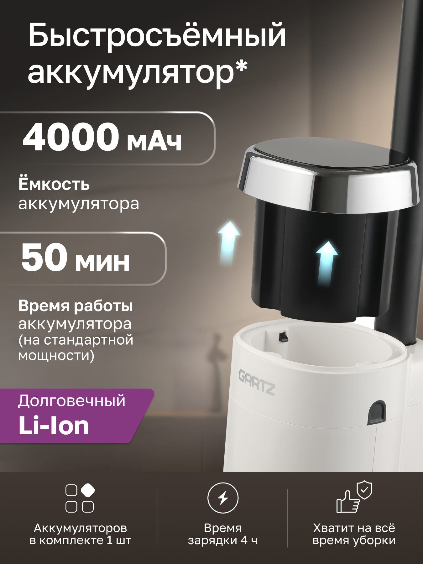 Вертикальный беспроводной пылесос сухой и влажной уборки (2 в 1) GARTZ VVM140W 3 режима, 220Вт, самоочистка, автосушка — фото 1
