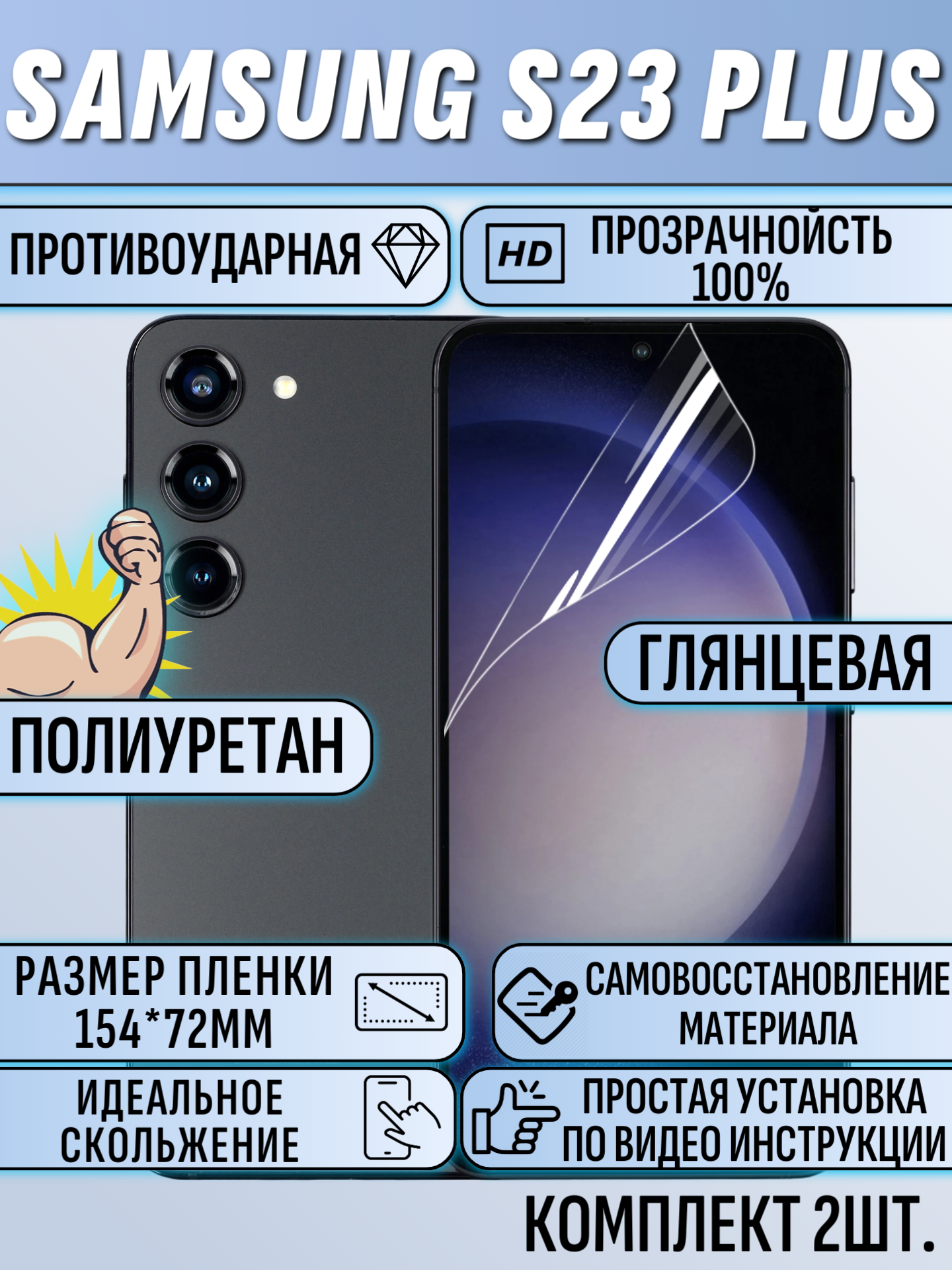 Гидрогелевая пленка для Samsung S23 Plus глянцевая на весь экран 2шт