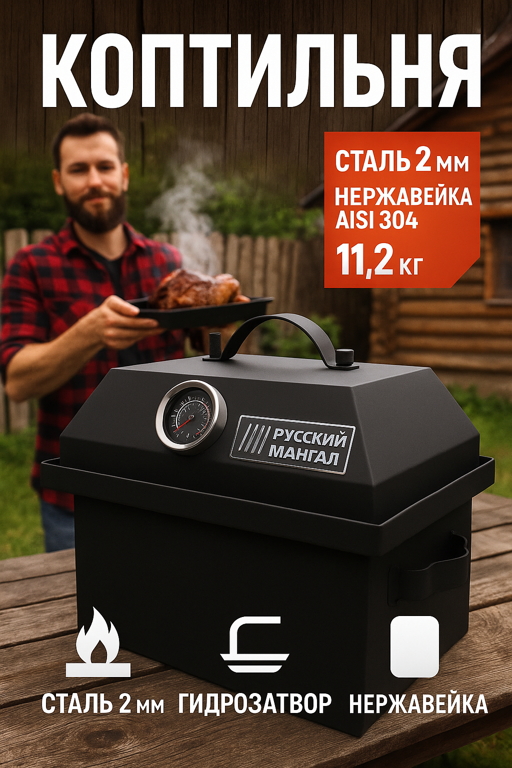 Коптильня Angler Mini Русский Мангал, горячее копчение, сталь 2 мм, с термометром и гидрозатвором