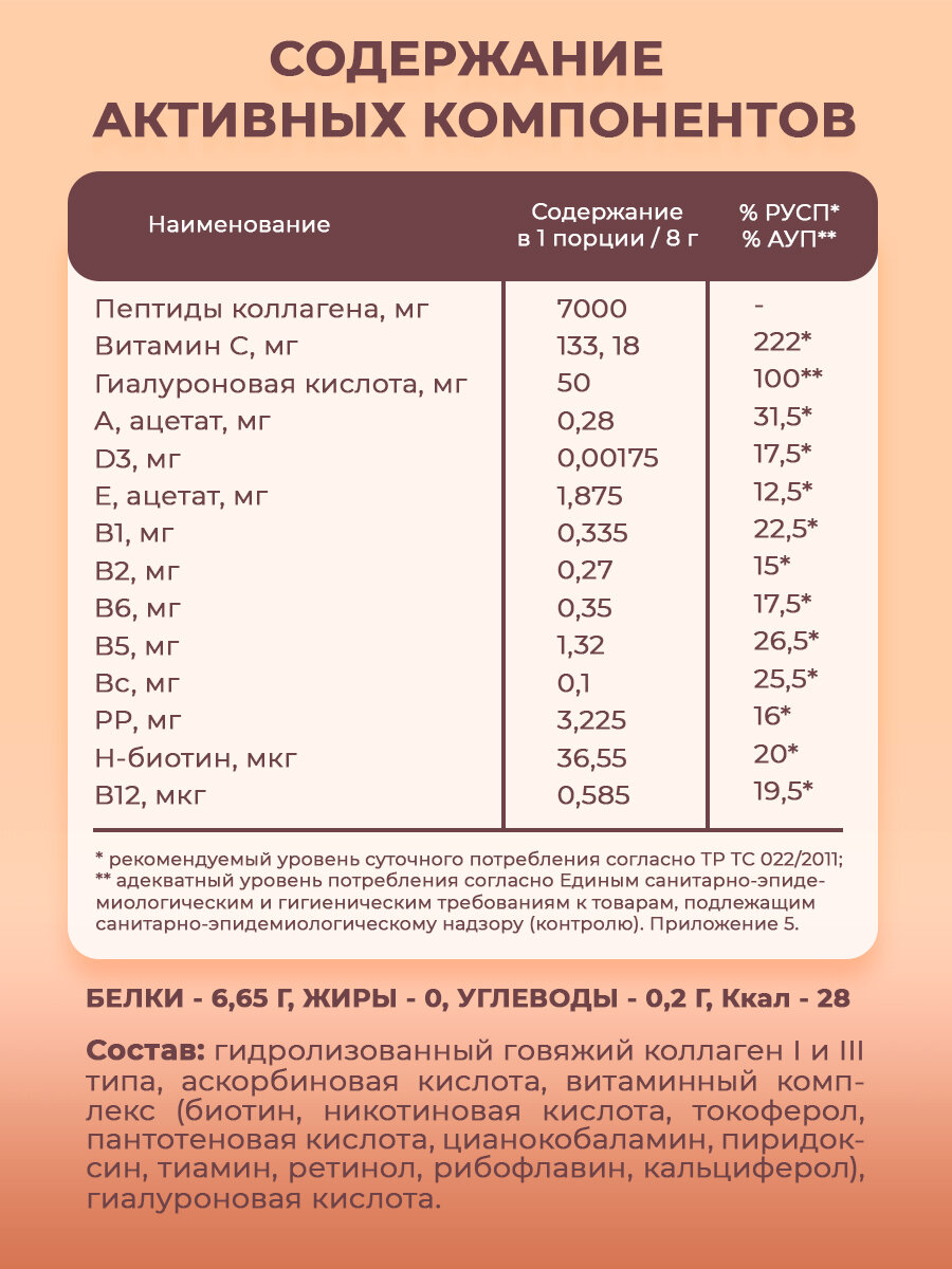 Изображение Коллаген порошок гидролизованный 1 и 3 типа с гиалуроновой кислотой и витамином C / Добавка для суставов и связок, кожи, волос и ногтей / Без вкуса. 240 грамм. 30 порций.
