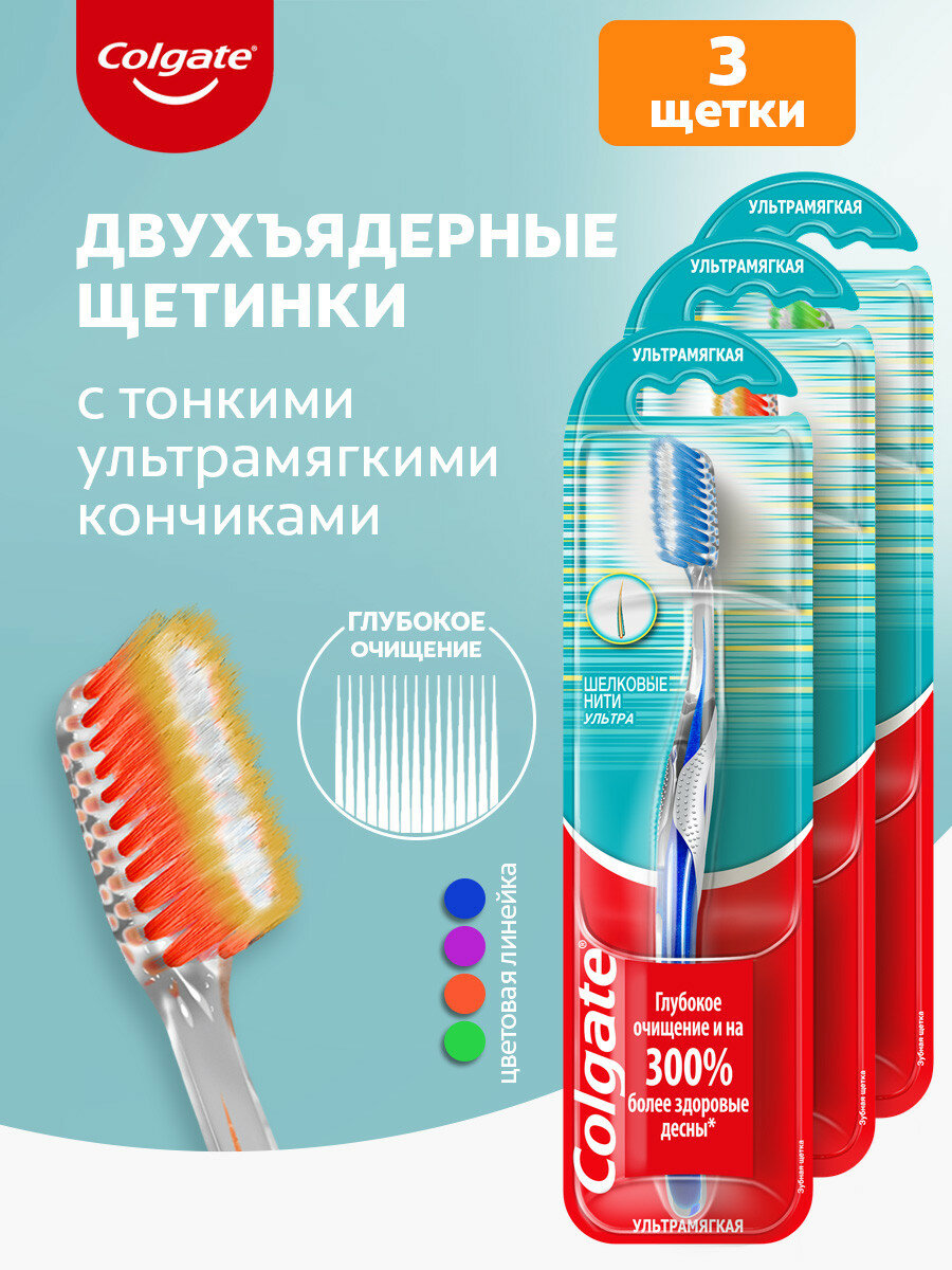 Зубная щетка COLGATE ШЕЛКОВЫЕ НИТИ ультрамягкие и тонкие щетинки, 3 шт