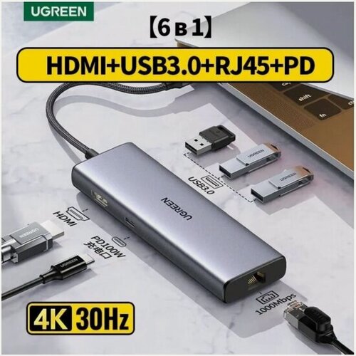 Изображение товара Хаб (разветвитель) Ugreen USB-C - 3*USB 3.0 A+HDMI+RJ45+PD Converter, серый (15598)