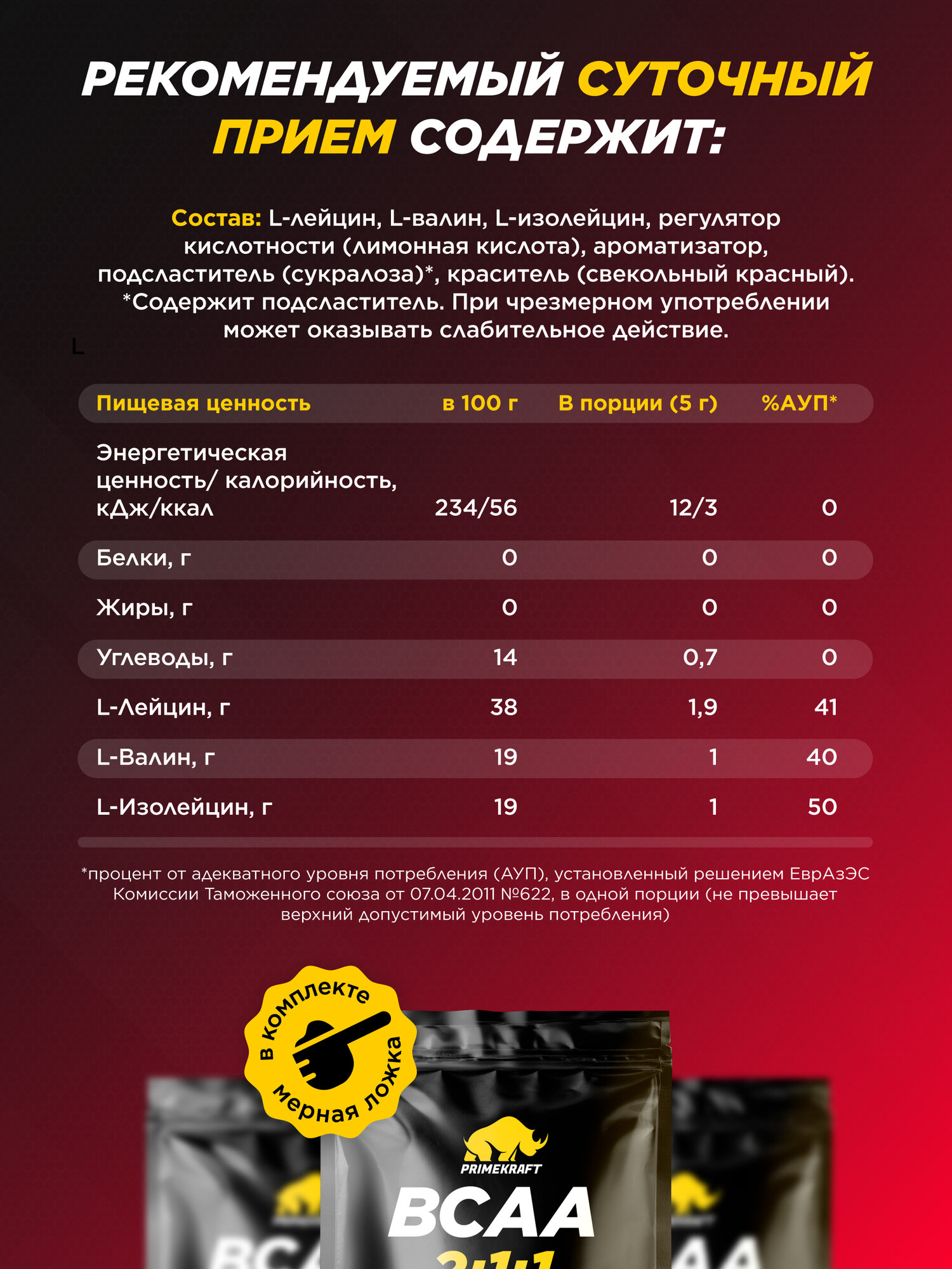 Аминокислоты PRIMEKRAFT BCAA 2:1:1 (БЦАА), Клубника, 500 г / 100 порций — фото 1