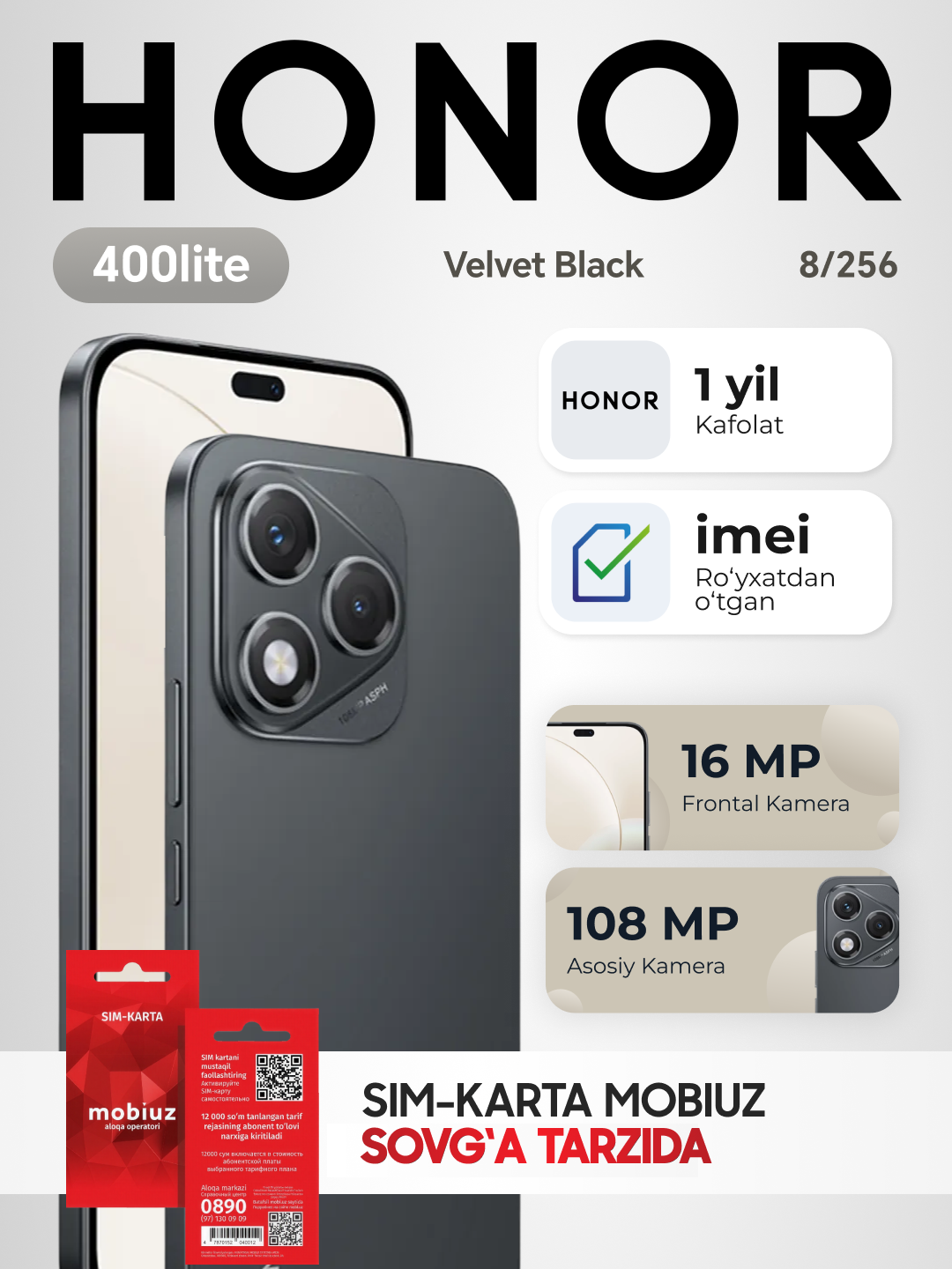 Смартфон Honor 400 Lite, 8GB/256GB, AMOLED 120Hz, IP65, защита от воды и пыли, цвет черный