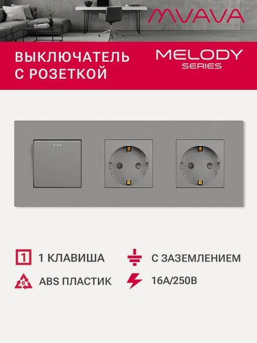 Изображение товара Выключатель с розеткой, 1 клавиша 2 розетки, 3 поста (M1+2F) рамка пластик 228х86мм цвет серый