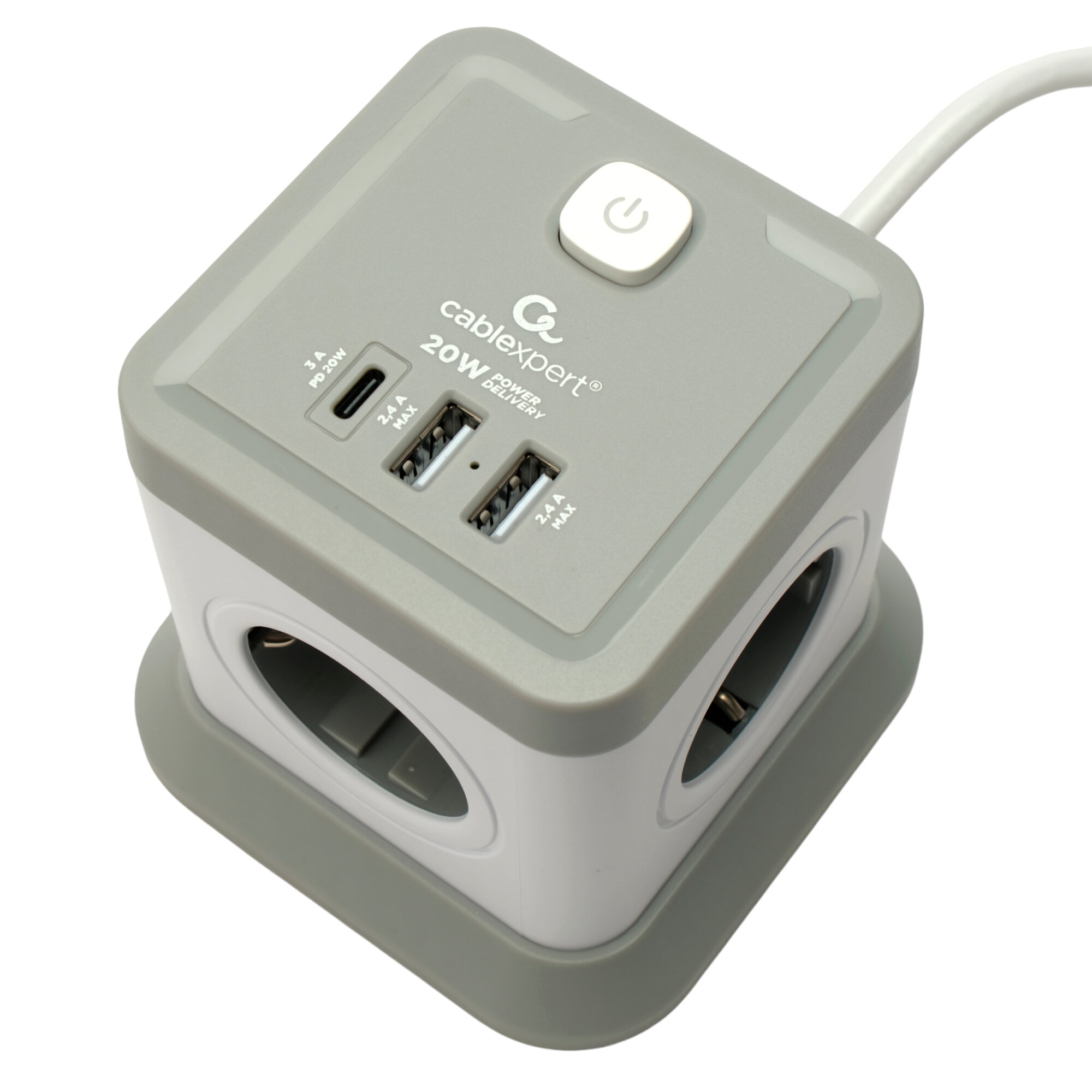 Сетевой фильтр Cablexpert Tower 4 розетки 10А 1xType-C PD 20Вт 2хUSB 2 метра уровень защиты 2+ белый — фото 1