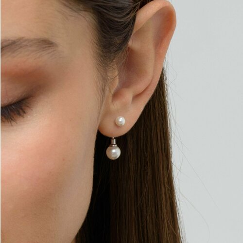 Серьги пусеты двусторонние Argentum серебро 925 проба жемчуг размер 7 мм длина 24 см серебристый 1283₽