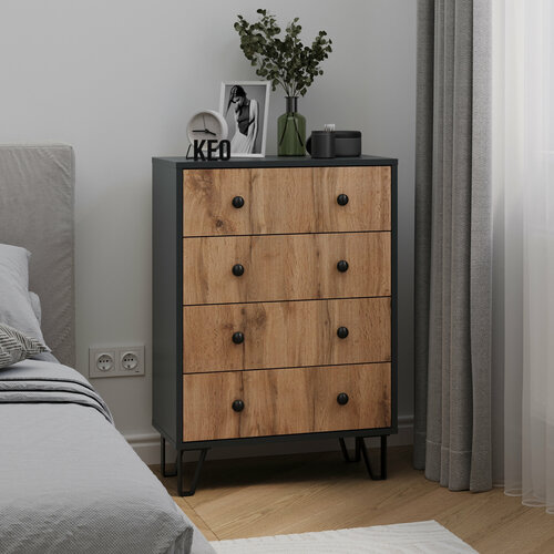 Комод для вещей с 4 ящиками антрацитовый и дубовый вотан Кео 87 х 60 х 35 см КМД-247 7482₽