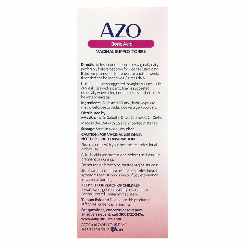 Картинки AZO, вагинальные свечи с борной кислотой, 600 мг, 30 свечей