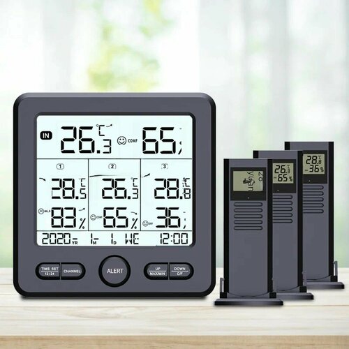 Цифровая метеостанция TS-6210-B с термометром/гигрометром с 3-мя беспроводными датчиками, большой экран (черный)