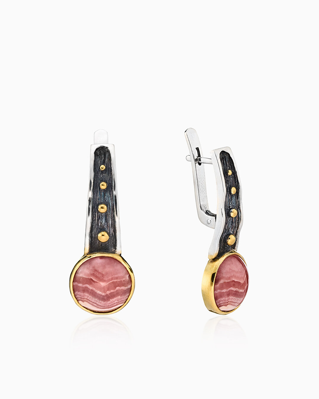 Серьги, серебро, 925 проба, золочение, чернение, родохрозит