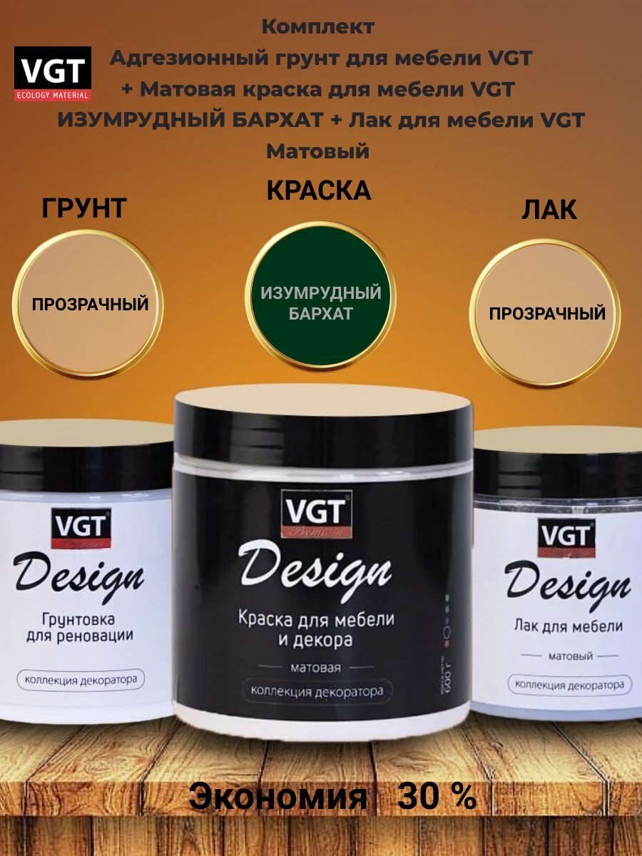 Комплект Адгезионный грунт для мебели VGT + Матовая краска для мебели VGT изумрудный бархат + Лак для мебели VGT Матовый