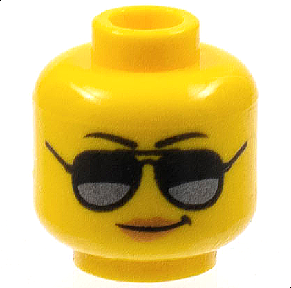 Minifigure, Head Female Black Eyebrows, Sunglasses with Dark Silver Reflections, Medium Nougat Lips, Smirk Pattern, 3626pb1778 Yellow U