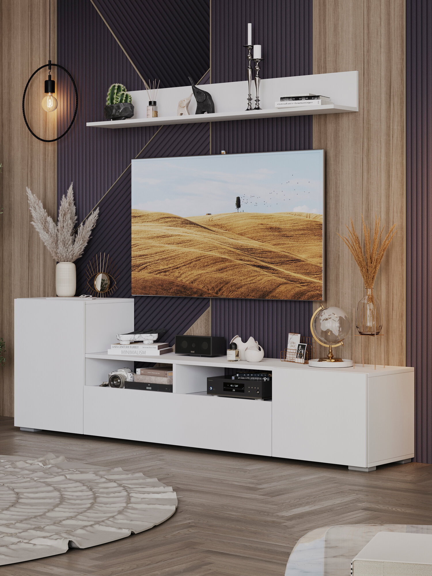 Гостиная Мебель Трия "Сильвия", тумба под ТВ с полками, белая, ЛДСП — фото 1