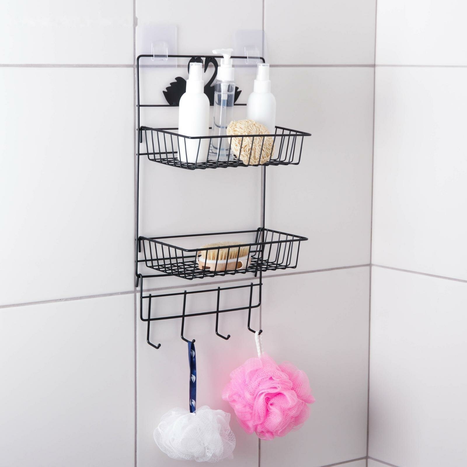 Полка 2-х ярусная Доляна 4 крючка 455×25×13 см цвет чёрный