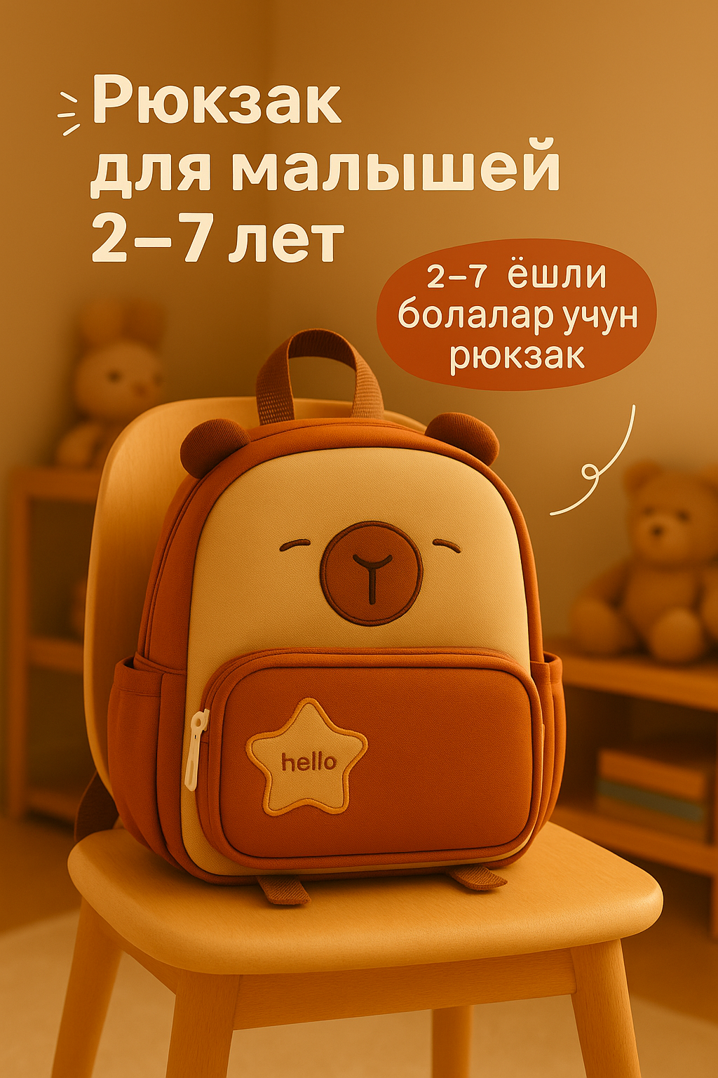 Детский рюкзак мишка «Hello» от 2 до 7 лет — водоотталкивающий, лёгкий, милый дизайн, мягкий и лёгкий, — фото 1