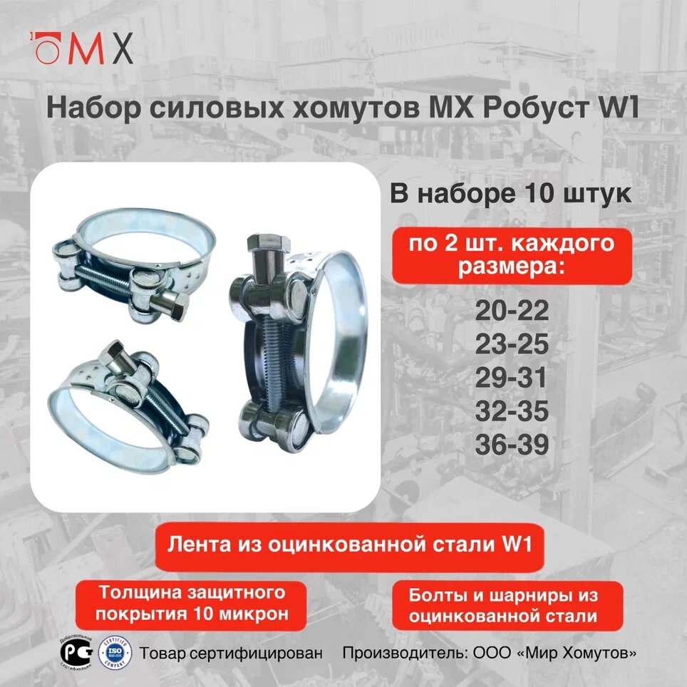 Набор силовых хомутов Робуст W1(из оцинкованной стали)Мир Хомутов 10 шт(20х22-2шт,23х25-2шт,29х31-2шт,32х35-2шт,36х39-2шт