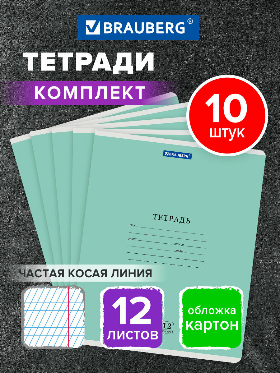 Тетрадь в частую косую линейку 12 листов для школы набор 10 штук обложка картон зеленая Brauberg Классика New 107055