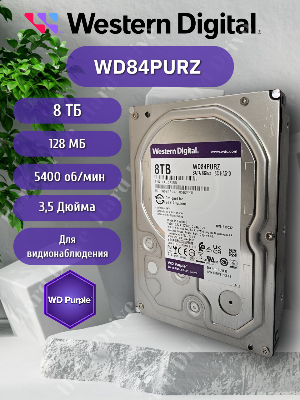 Жесткий диск WD Purple WD84PURZ, для систем видеонаблюдения, 8 ТБ