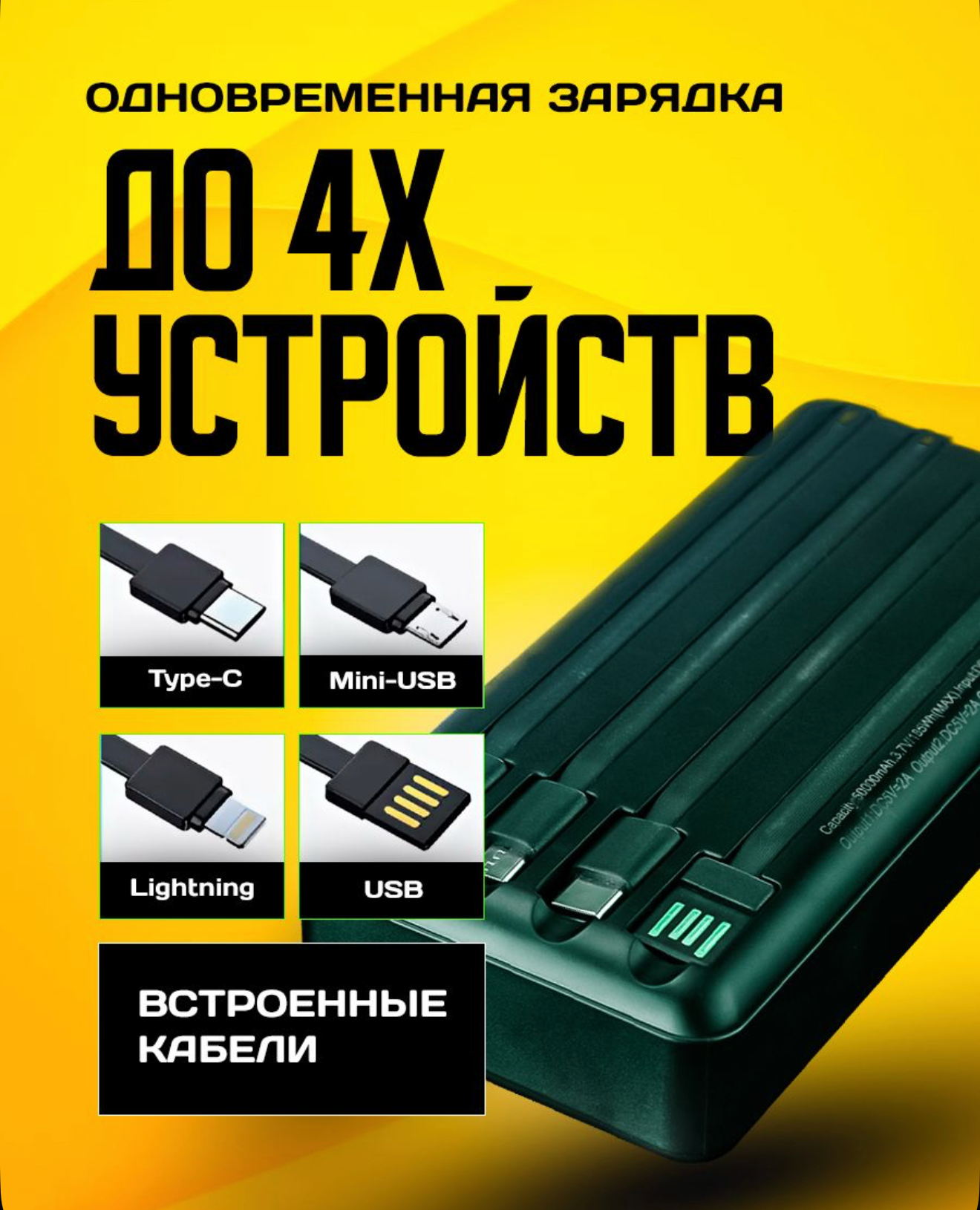 Портативный повербанк 50000mAh, Внешний аккумулятор, встроенные кабеля, солнечная батарея, для iphone и Android — фото 1