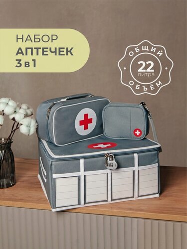 Изображение товара Набор аптечек Всё на местах, домашняя KIDS SAFE + дорожная+карманная (серый)