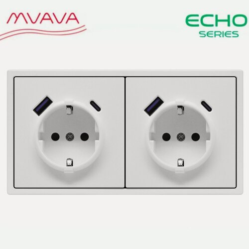 Изображение товара Розетка электрическая echo 2 поста с Usb/Type-C АC, быстрая зарядка 20W, цвет белый