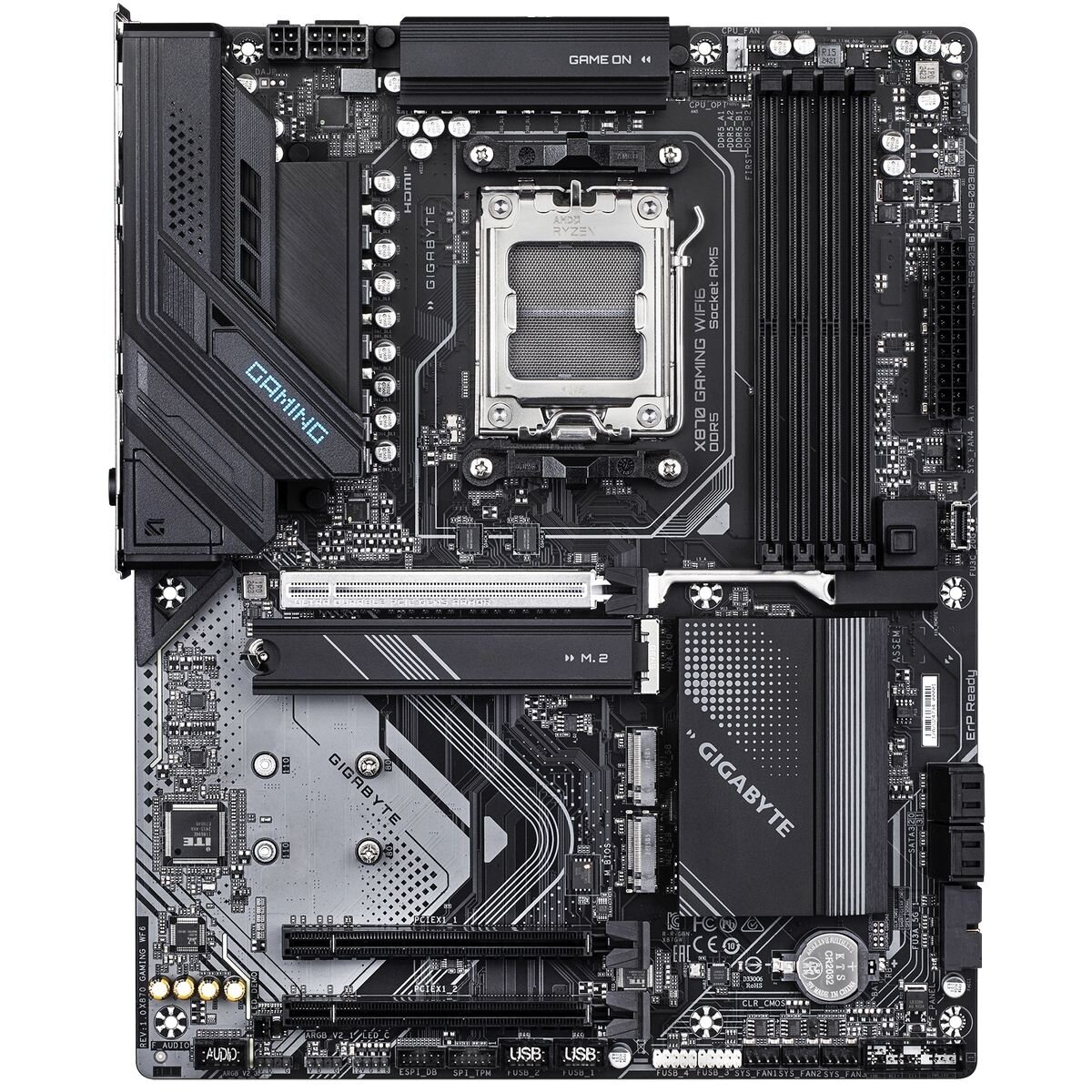 Материнская плата GIGABYTE X870 GAMING WIFI6, AM5, AMD X870, 4xDDR5, 4xSATA, 3xM.2, 1xPCIe 5.0 x16, 2xPCIe 3.0 x1, 1xHDMI, 2xUSB-C (DisplayPort Alt Mode), 1x2.5Gb LAN, Wi-Fi 6, Bluetooth 5.3, 2xUSB-C 40Gbps, 1xUSB-A 10Gbps, 3xUSB-A 5Gbps, 4xUSB-A 2.0