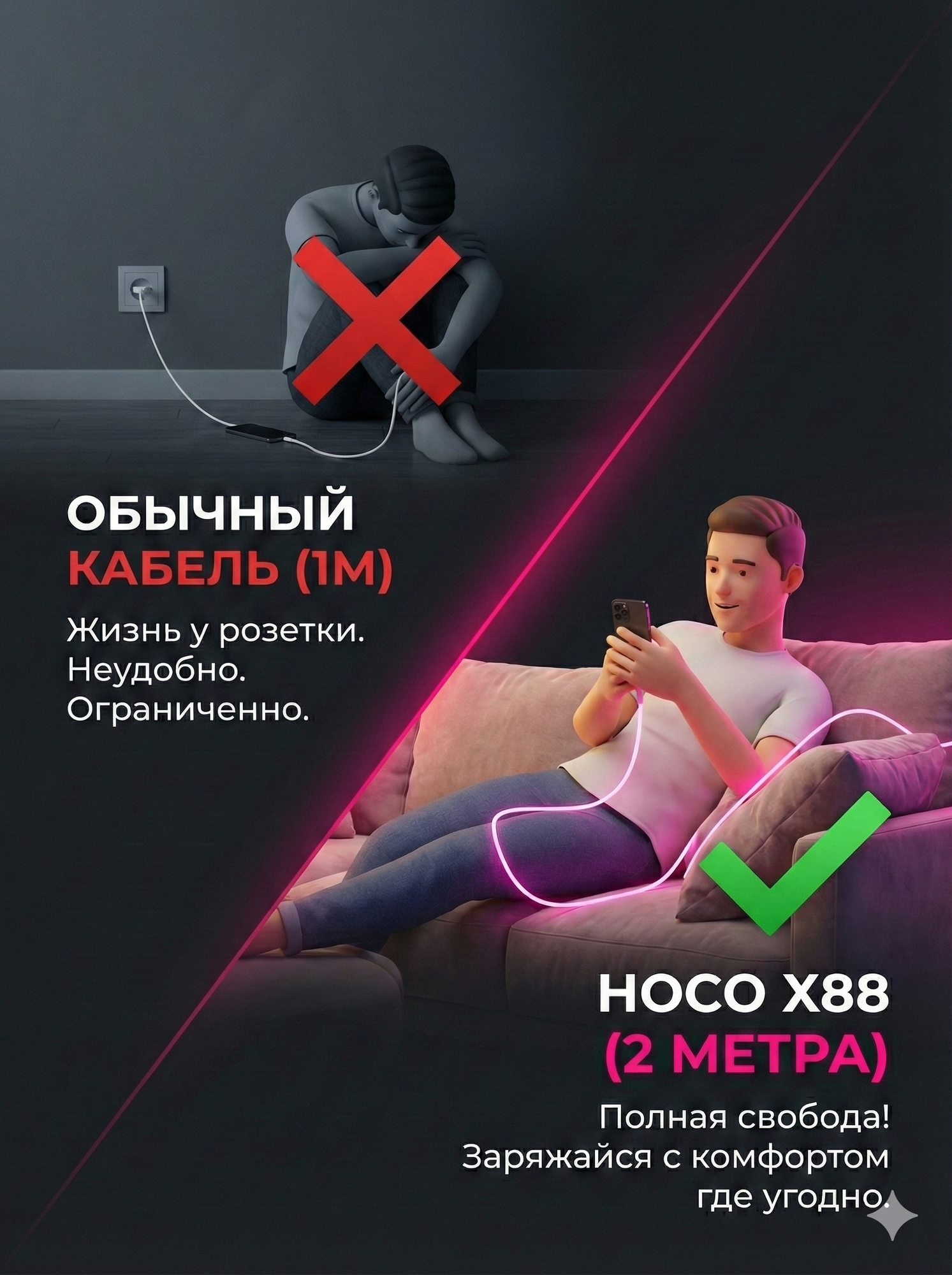 Кабель USB - Lightning Hoco X88 Gratified, 2 метра, белый, для iPhone / iPad / AirPods, быстрая зарядка 2.4A — фото 1