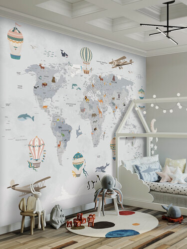 Изображение товара Фотообои детские 300 х 270 см "Карта мира" серые / обои в детскую комнату, для мальчика, для девочки
