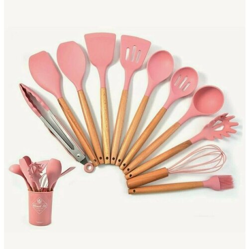 Набор кухонных принадлежностей из бука и силикона, 12 предметов - розовый