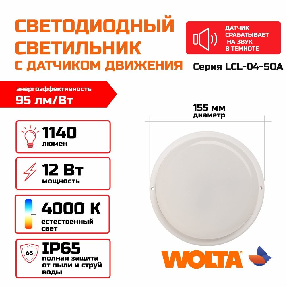 Светодиодный светильник потолочный с датчиком движения 12Вт круглый WOLTA LCL04-12W-R11-4K-SOA 4000К IP65 1140лм круг 155x52мм 1/40