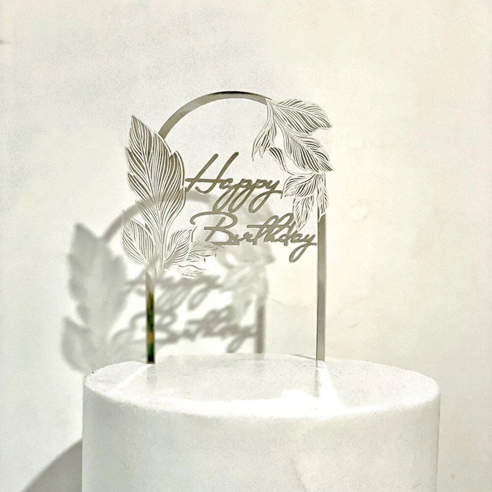 Топпер для торта Ins Leaf & Letter Happy Birthday, Silver, 1PC