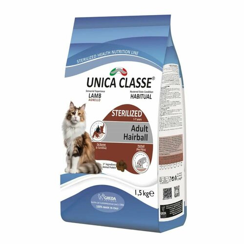 фото Unica adult sterilized luxury hairball сухой корм для стерилизованных кошек, с ягненком, 1,5 кг unica classe