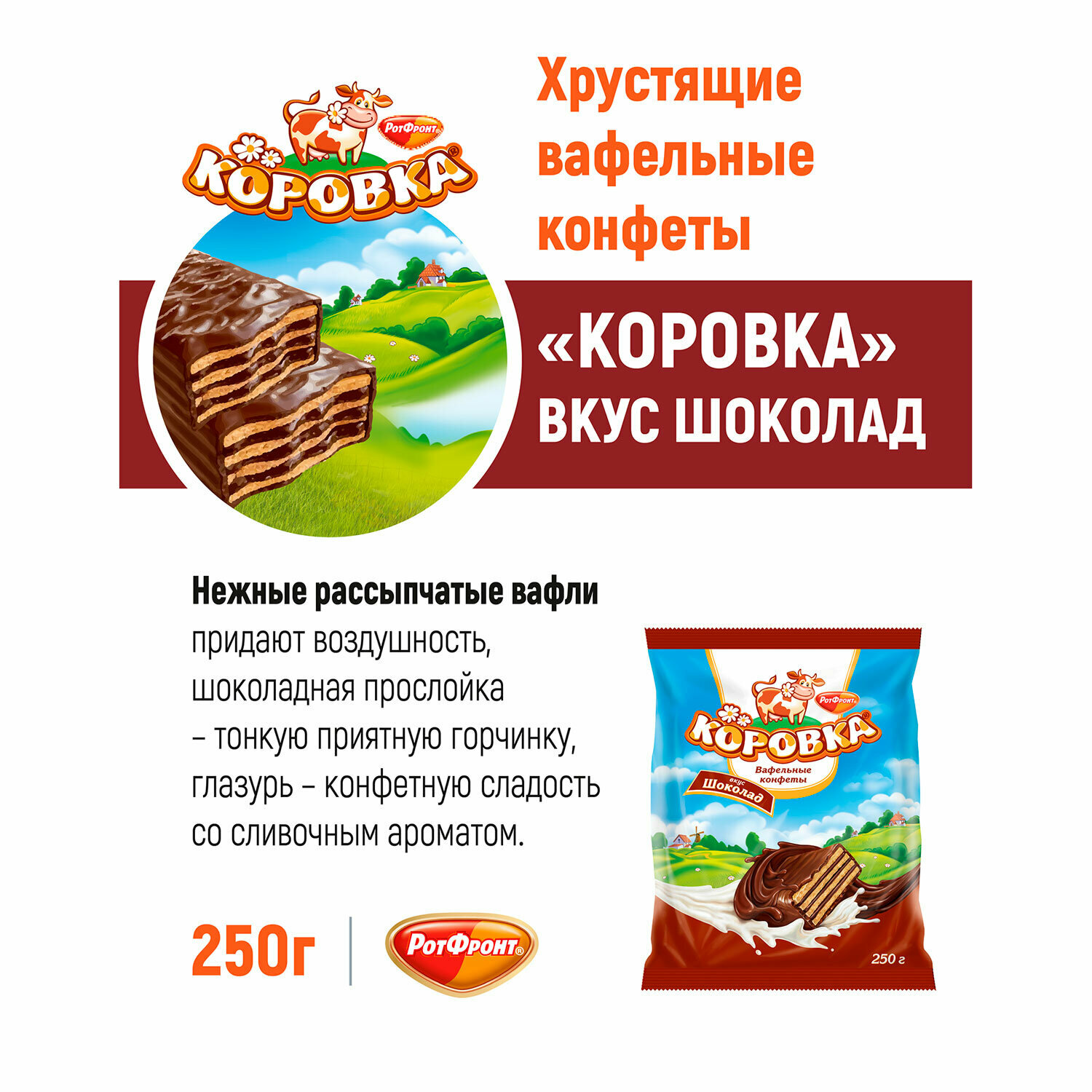 Упаковка 4 шт. Конфеты шоколадные РОТ фронт "Коровка", вафельные с шоколадной начинкой, 250 г, пакет, РФ09756