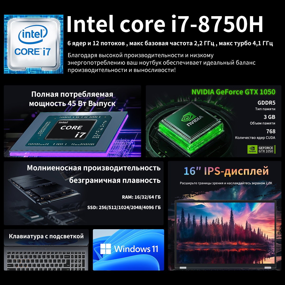 Neobihier 8750H Игровой ноутбук 16.1", Intel Core i7-8750H, RAM 32 ГБ, SSD 1024 ГБ, NVIDIA GeForce GTX 1050 (4 Гб) — фото 1
