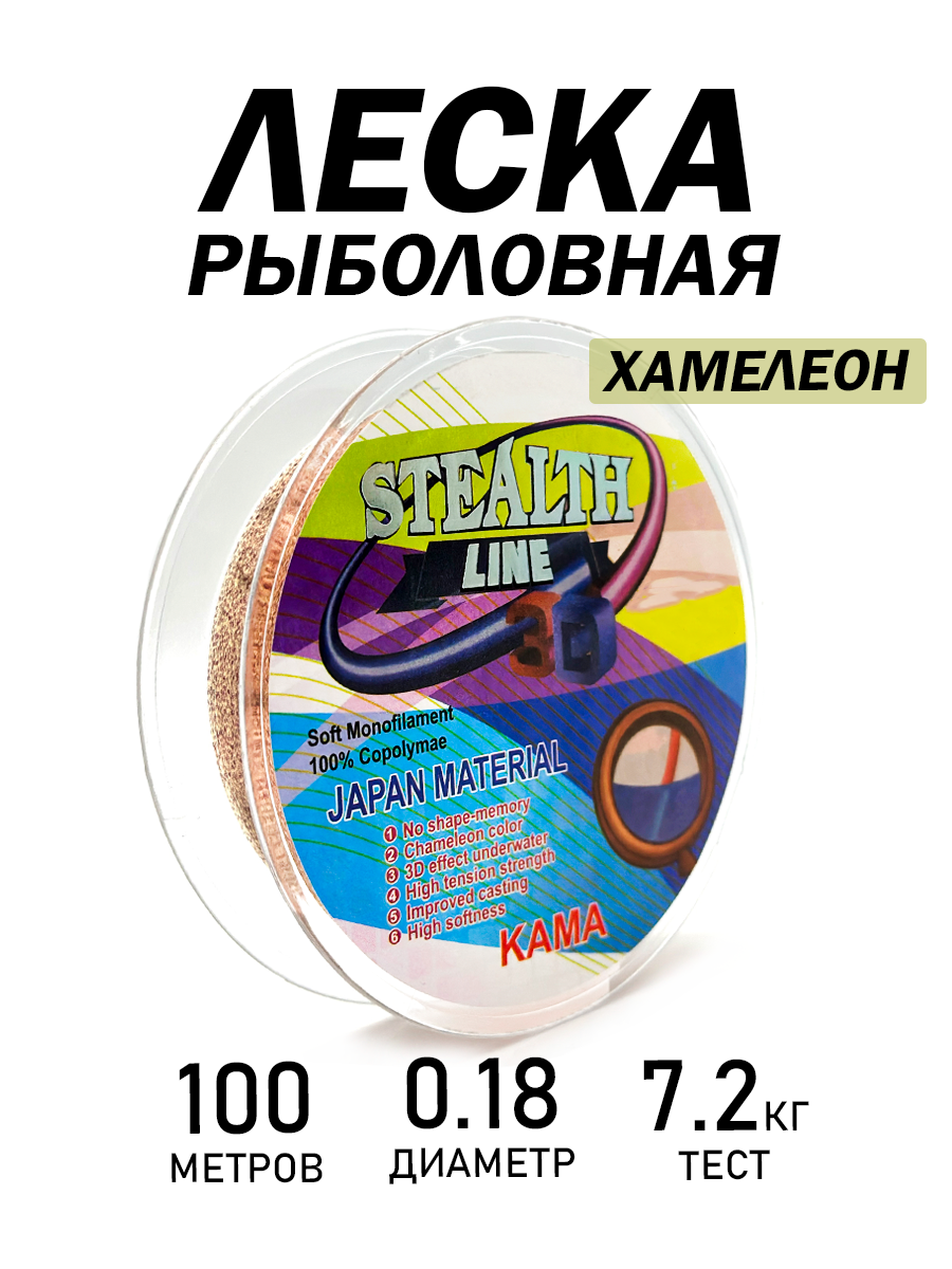 Леска рыболовная монофильная, с 3D-эффектом, диаметр 0.18 мм, разрывная нагрузка 7.2 кг, хамелеон