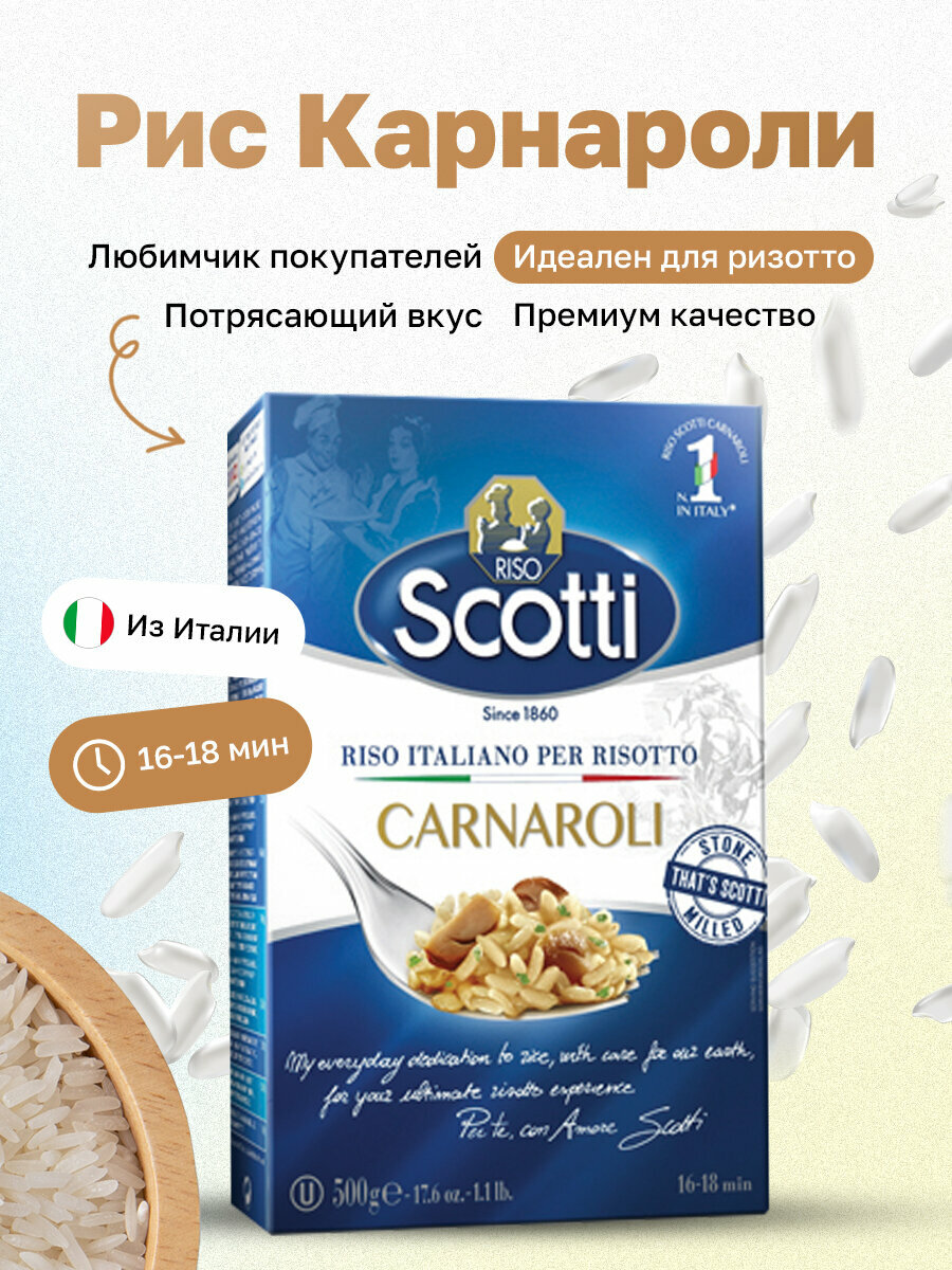 Рис Carnaroli (Карнароли) шлифованный длиннозерный 500гр (вак уп)