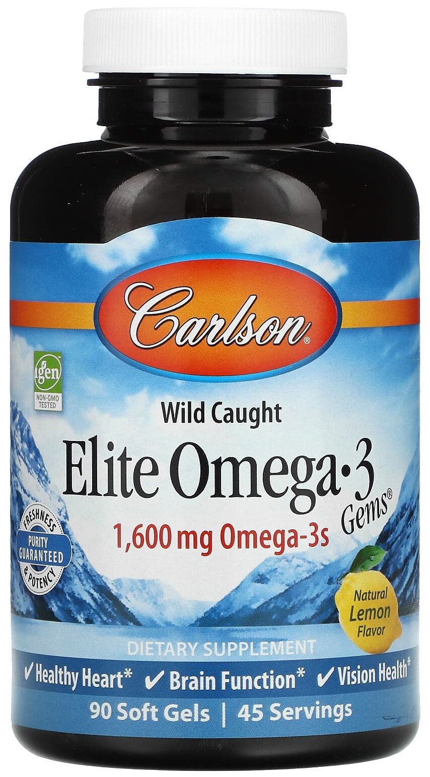 Изображение Омега 3 Carlson Labs в капсулах Elite Omega 3 (1600mg Omega-3s) рыбий жир 90 капсул со вкусом лимона