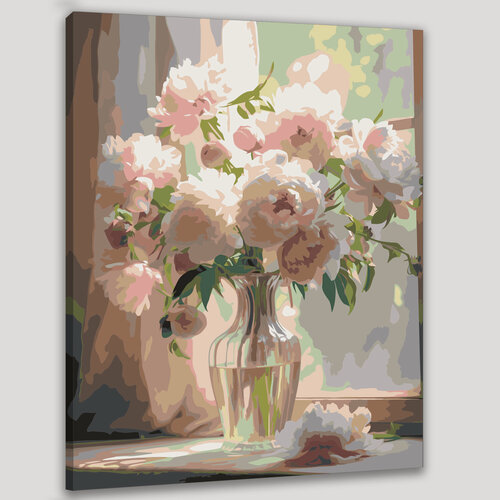 Изображение товара Картина по номерам 40x50 см, букет пионов, винтажная стеклянная ваза, яркие розовые цветы, белые цветы, размытый фон