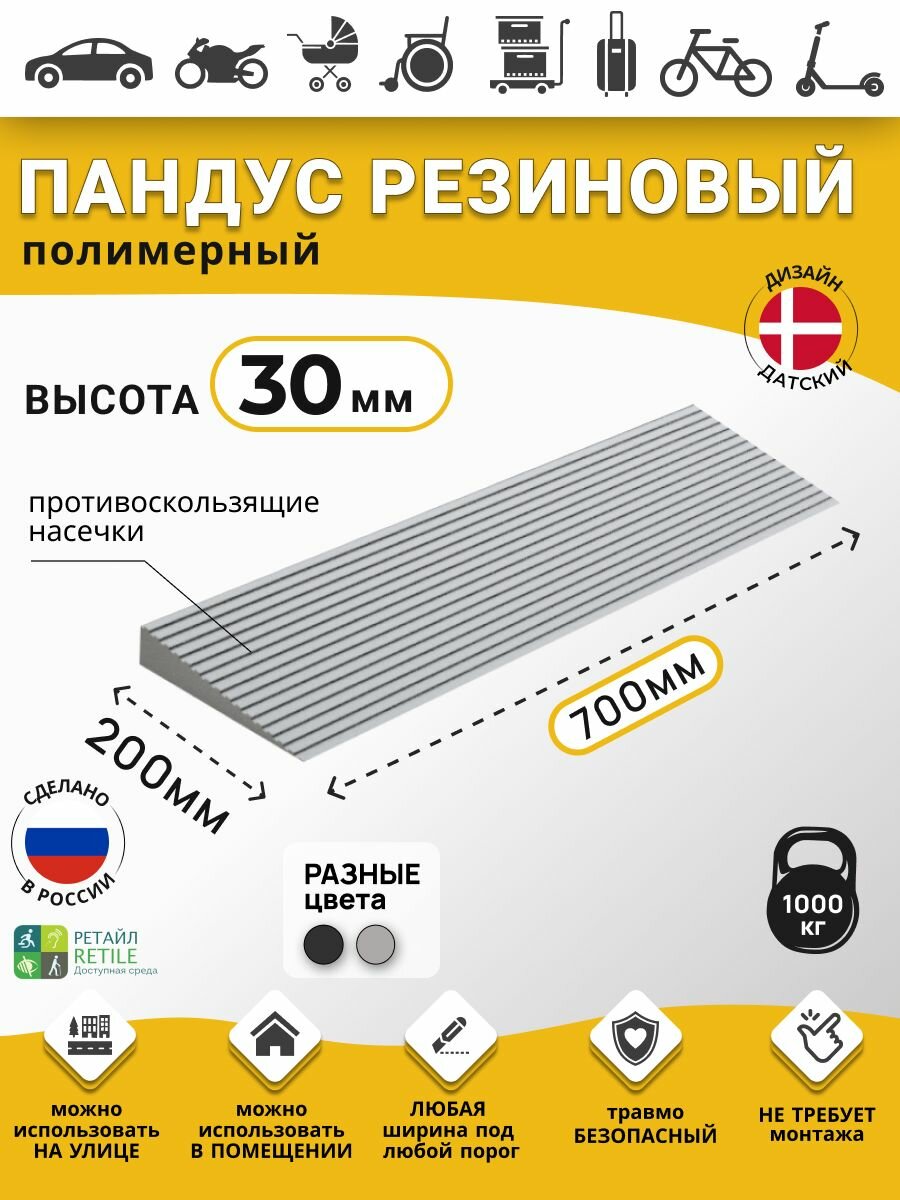 Пандус полимерный рубеж для порогов высотой 3 см (30х700х200 мм), серый, для колясок, склада и автомобилей