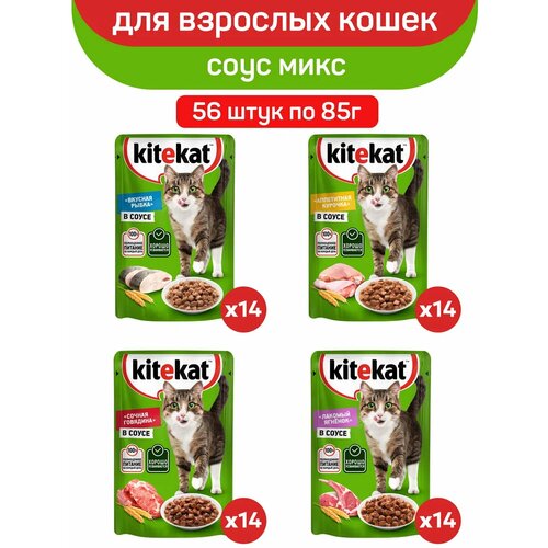 Влажный полнорационный корм KITEKAT для взрослых кошек, кусочки в соусе: говядина, курица, рыба, ягненок, 56 шт по 85 г